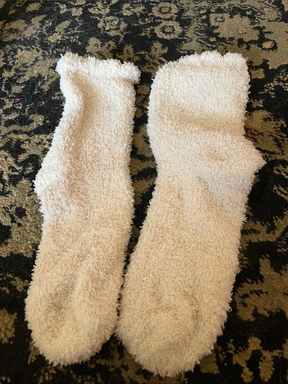 Plush Cream Fuzzy Lounge Socks with Gold Heart Accent